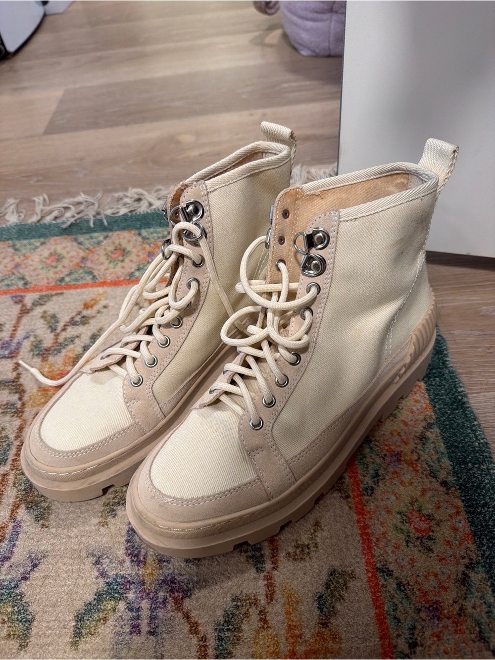 Gianni Bini Cream Lace-Up Canvas Utility Boots